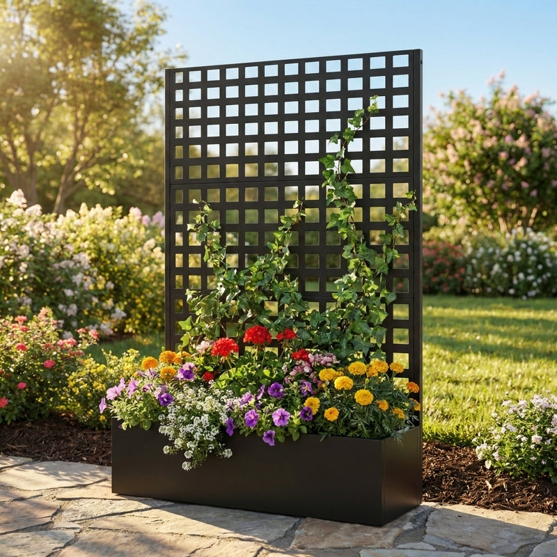 Metal Planter Box with Trellis, Galvanized Steel Raised Garden Bed with Drainage Holes for Climbing Plants, Black