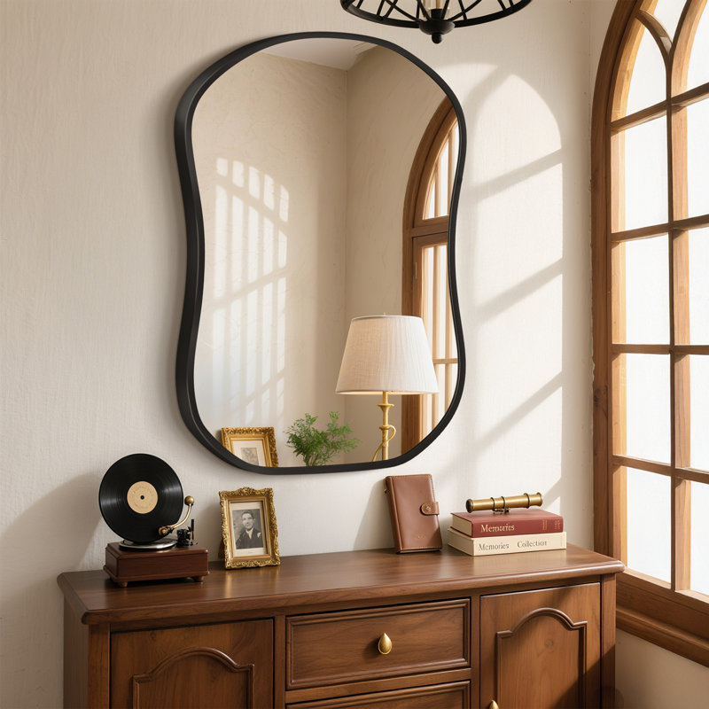 Vintage French-Inspired Aluminum Organic-Shaped Bathroom Mirror Wall Mirror Modern Decorative Vanity Mirror for Living Room, Bedroom & Entryway, HD Shatterproof Glass