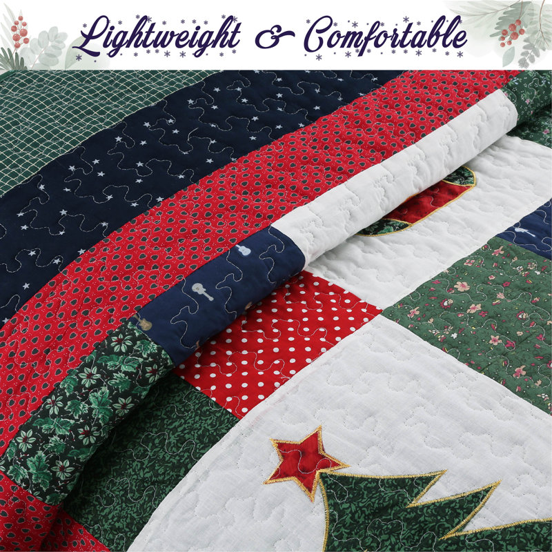 King Red and Green Cotton Reversible Christmas Quilt Set