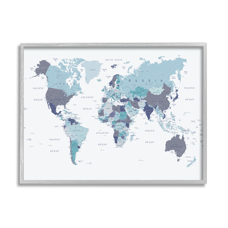 World Map With Labels Monochromatic Blue Regions - Print, 11" H x 14" W, Farmhouse Grey Framed Giclee