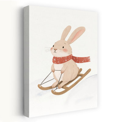 Happy Bunny Sledding Playful Whimsical Abstract Rabbit Winter Forest Wall Art Print by Mathieu - Wrapped Canvas Print