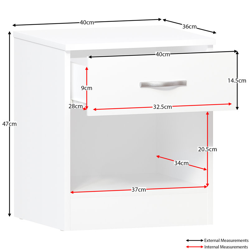 Maybery 1 Drawer Bedside Table With Open Shelf, Bedroom Storage Cabinet, White