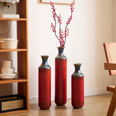Ensemble de 3 grands vases de plancher rustiques en métal au fini artisanal, texture brûlée à la main pour une décoration de maison de campagne moderne et industrielle (28,35, 24,41, 20,47 pouces)