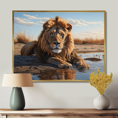 Lion se reposant au bord de la piscine d'eau - impression d'art mural lion
