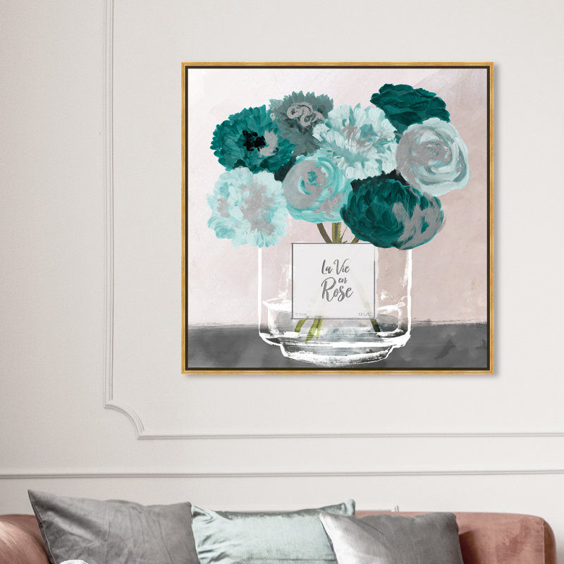 La vie en rose argent - peinture sur toile, H 40 po x l 40 po, Encadrement doré