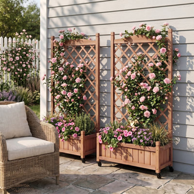 Lot de 2 bacs à plantes surélevés avec treillis, jardinière d'extérieur en bois et support pour plantes grimpantes et légumes