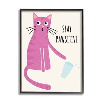 «Stay Pawsitive Endearing Pink Cat Knocking Over Glass Giclee», ensemble d'art texturé par Jennifer Wambach