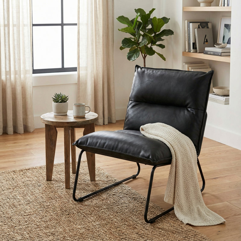Laverock Faux Leather Slipper Chair, Black Faux Leather