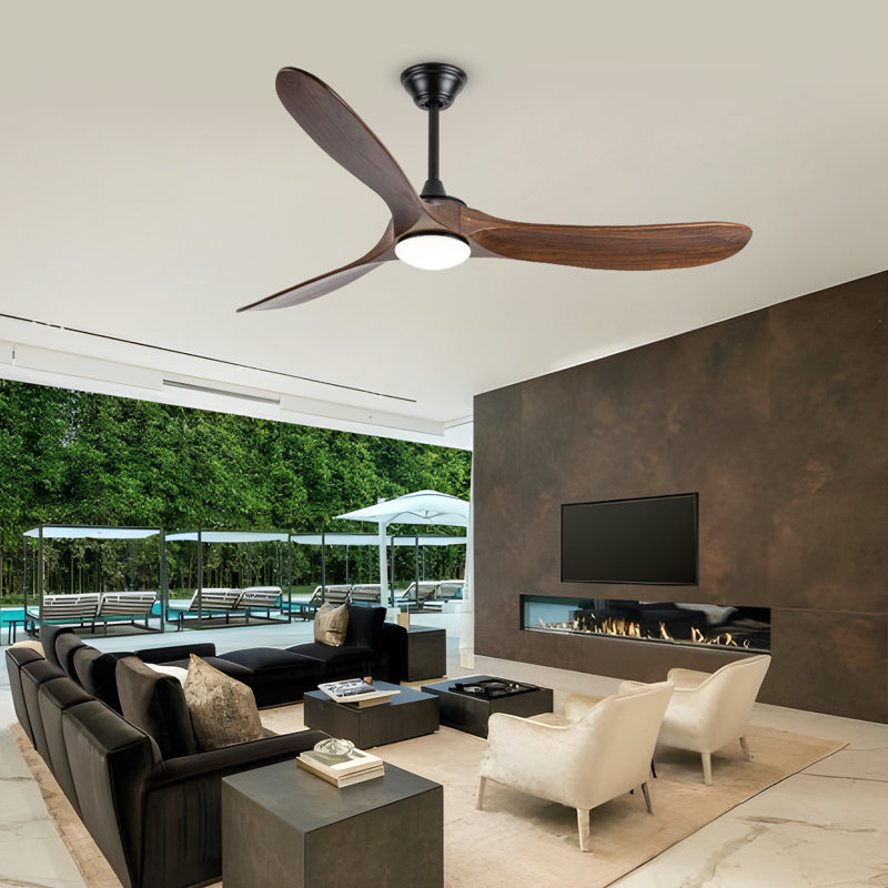 Ventilateur de plafond en bois massif de 52 pouces avec lumière et télécommande, ventilateur de plafond de style ferme moderne, pales en bois massif de style hélice, moteur CC réversible silencieux, lumière DEL à intensité variable en 3 températures de couleur pour le salon, la salle à manger et les espaces intérieurs.