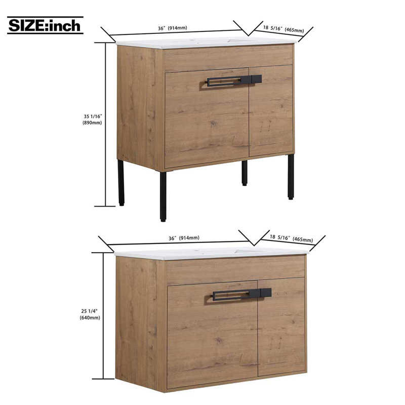 Meuble-lavabo simple 36 po avec plateau en céramique Jeovan, Chêne