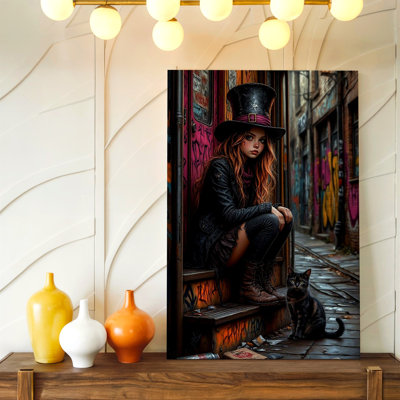 Reproduction d'art sur toile, fille gothique en chapeau haut de forme avec chat noir urbain, affiche d'art urbain noir gothique pour le salon