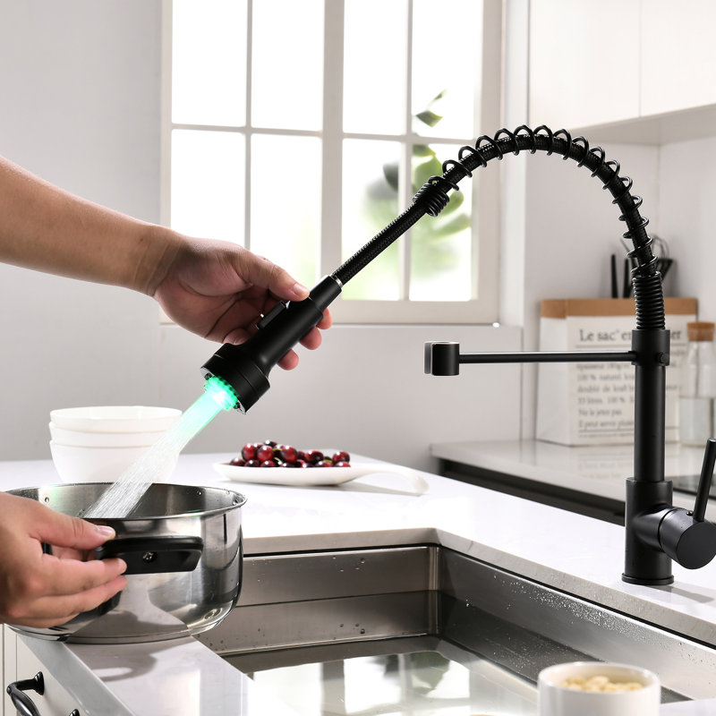 Robinet d'évier de cuisine à DEL noir avec poignée rétractable, poignée simple, robinet escamotable antirouille, noir, levier, bec arqué pour plus de confort
