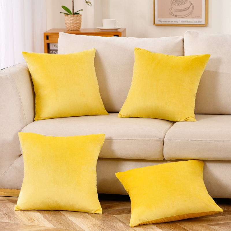 Set Of 4 Throw Velvet Cushion Covers, Yellow, 16"H x 16"W