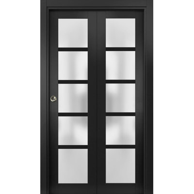 Sliding Closet Bi-Fold Doors  | Quadro 4002 With Frosted Glass | Sturdy Tracks Moldings Trims Hardware Set | Wood Solid Bedroom Wardrobe Doors