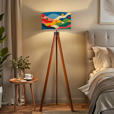  Tripod Standing Lamp Colorful Abstract Landscape Minimalist Tree Design Rolling Hills Remote Controlled Dimmable LED Floor Lamp with Beech Wood Legs & Detachable Linen Shade for Farmhouse Apartment Living Room and Bedroom