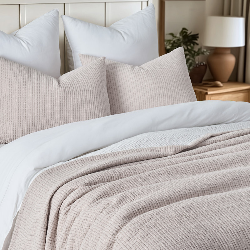 Solid Cotton Gauze Pick-stitch Matelesse Coverlet Bedspread set, Beige/White, King Quilt + 2 King Shams