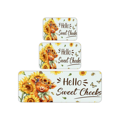 Hello Sweet Cheeks Highland Cow 3 Pcs KitchenMat For Bathroom, Farmhouse Style