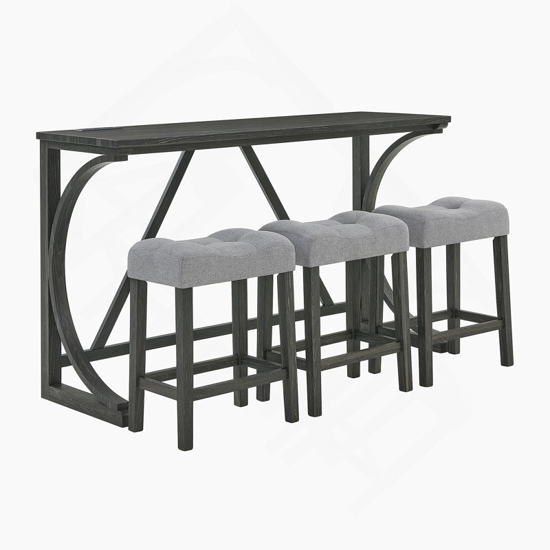 4 Pieces Dining Table Set With Power Outlet And 3 Upholstered Stools For Living Room, Dining Room, Kitchen, Black, Gray/Black