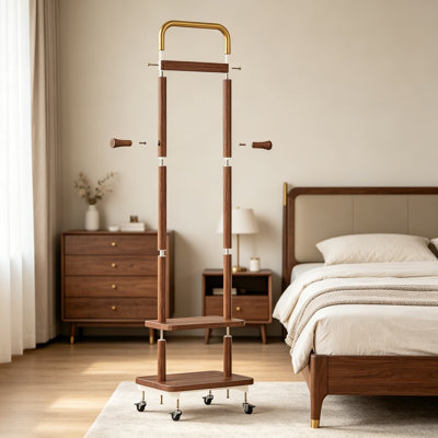 Portemanteau en bois d'hévéa massif avec roulettes verrouillables, portemanteau de 71,2 po de hauteur avec tablettes à 2 niveaux et crochets latéraux, organisateur de vestibule mince pour chambre à coucher ou placard
