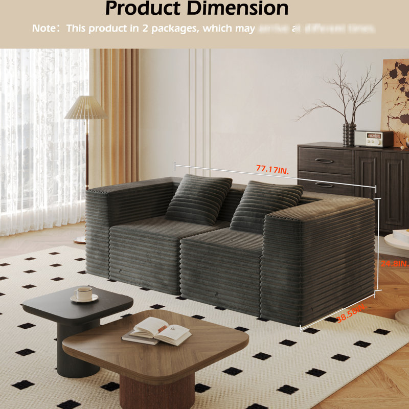 Canapé modulaire modulaire avec 2 sièges, matériau en velours côtelé gris, mousse à mémoire de forme haute densité et coussins moelleux, installation sans effort pour différentes pièces Siège profond - Tissu, confortable, différents espaces