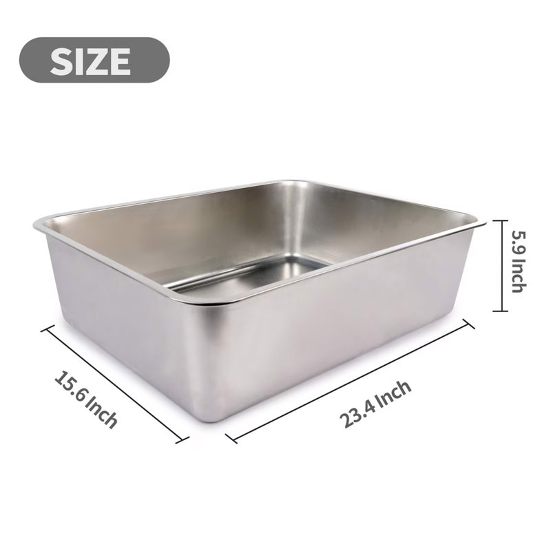 Bac à litière en acier inoxydable pour chat, 23,4 x 15,6 x 5,9 po