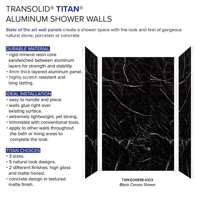 Transolid Titan Shower Wall Kit, 96" H x 60" W x 48" D, Black Caruso Glossy
