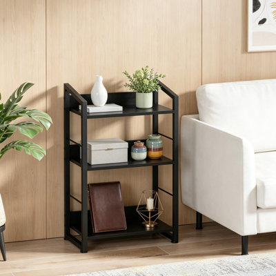 Bibliothèque industrielle à 3 niveaux avec protection des bords, structure en métal robuste et tablettes en bois pour le rangement et la présentation de la chambre à coucher