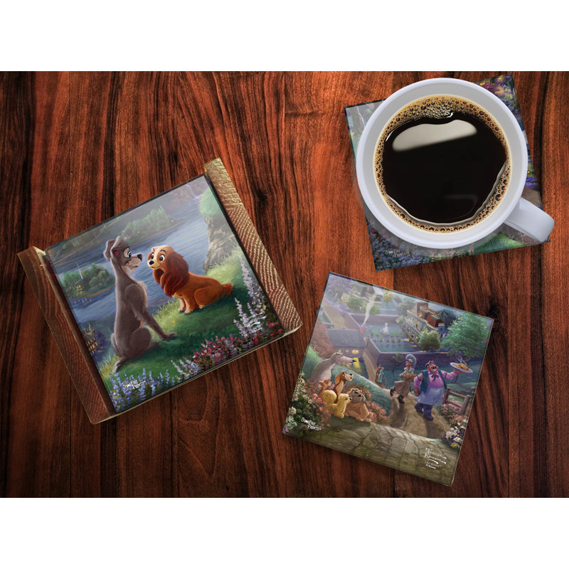 (Symboles) Ensemble de sous-verres en verre Starfire, Thomas Kinkade / Dame et le clochard tombant amour