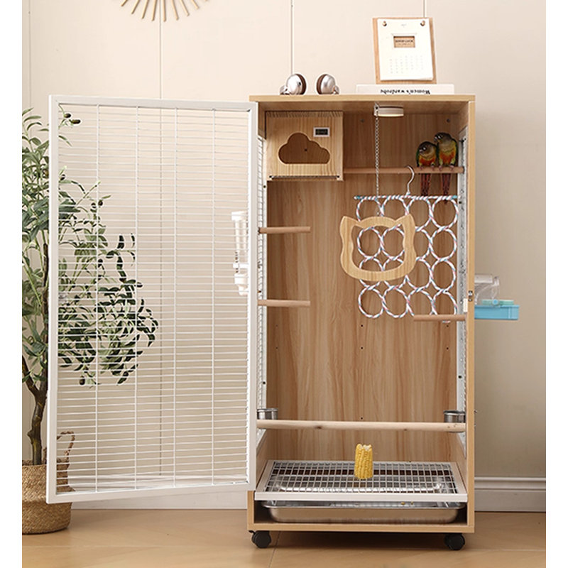 Cage à oiseaux en fil de métal et bois minimaliste, grande volière à perroquet verticale avec bac de bain externe et bac à déchets coulissant