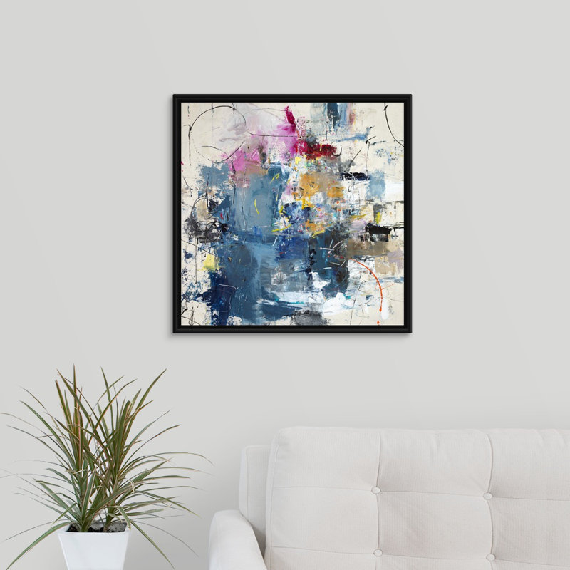 « justified play time », peinture sur toile, H 21,7 po x l 21,7 po x P 1,75 po, Cadre flottant noir