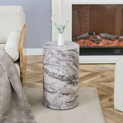 Table basse cylindrique simple en marbre texturé, 12 po de diamètre x 19,7 po de hauteur, mobilier de salon en panneau de fibres à densité moyenne. Convient aux salons de style industriel.