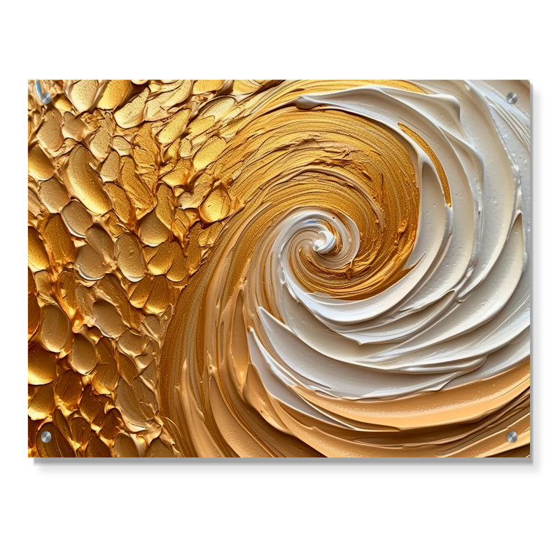 «Gold Eernal Swirl I», art mural abstrait en spirale en acrylique pour le salon, H 30 po x l 40 po