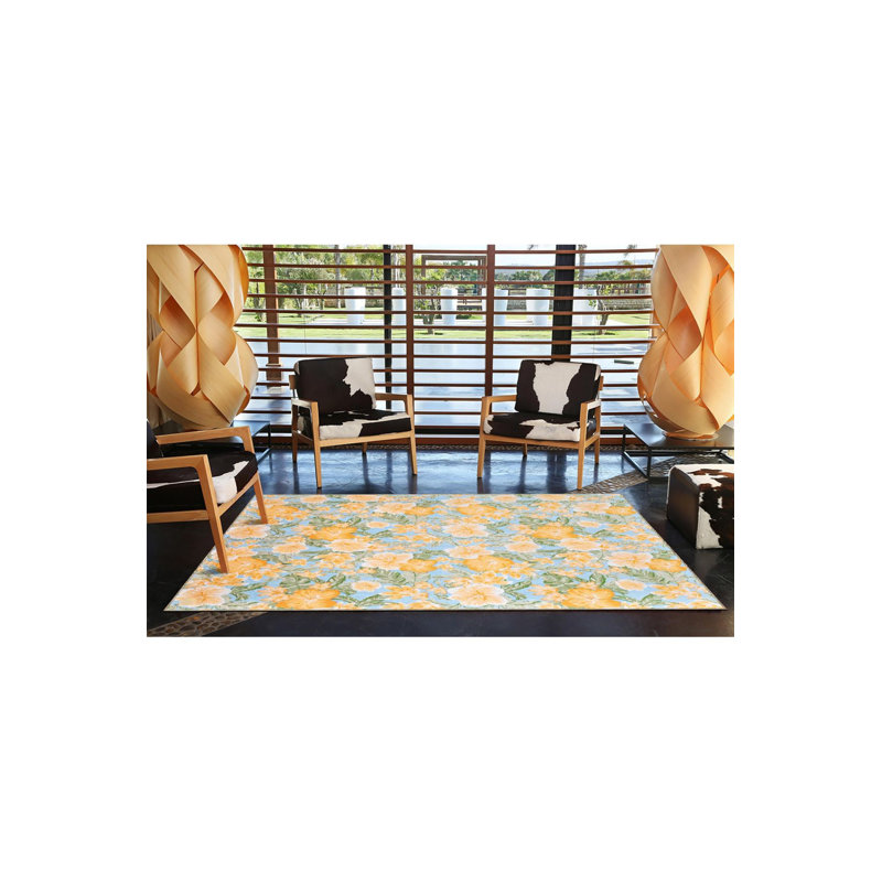 Tapis décoratif bleu à motif floral lavable à la machine, Sous-tapis carré 3 pi 3 po inclus