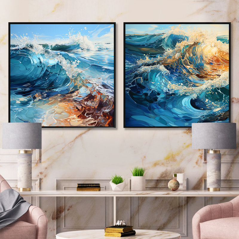 «Ocean Charm», ensemble de 2 collages carrés vifs, Cadre flottant noir, H 16 po x l 33 po