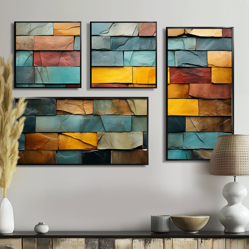 Boho Earth Element Stones Mosaic II - Bohème vert et décoration murale éclectique 4 pièces, Noir