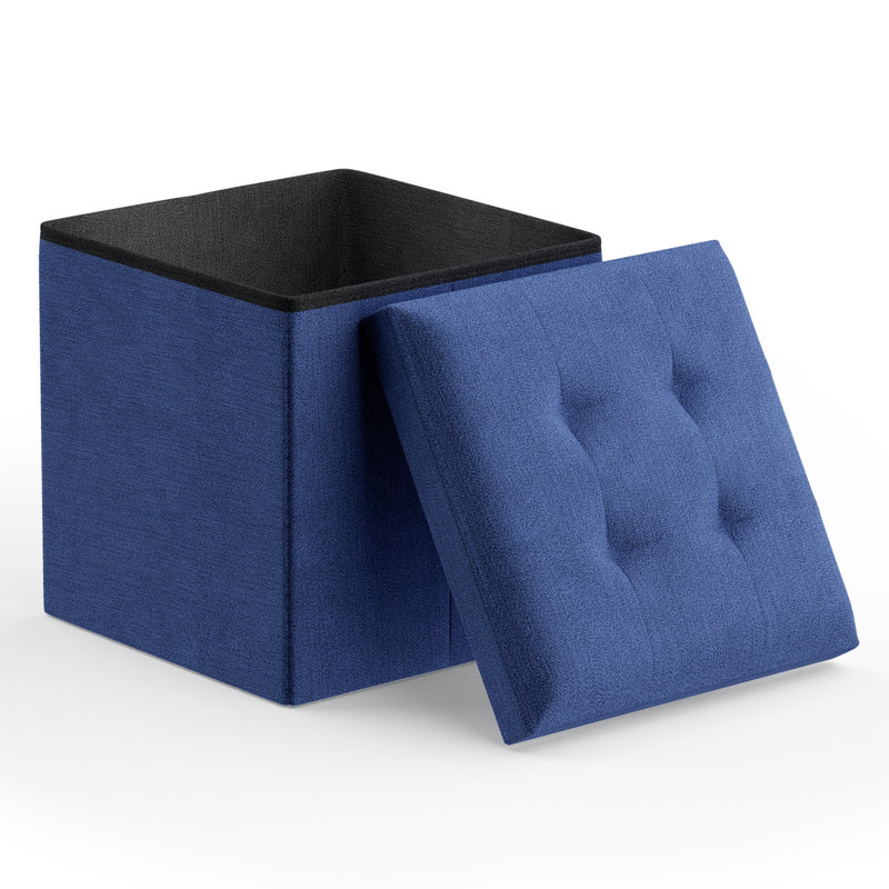 15" Cube Folding Ottoman With Storage, Cotton-Linen Collapsible Foot Stool, For Living Room, Bedroom Entryway, Navy Blue