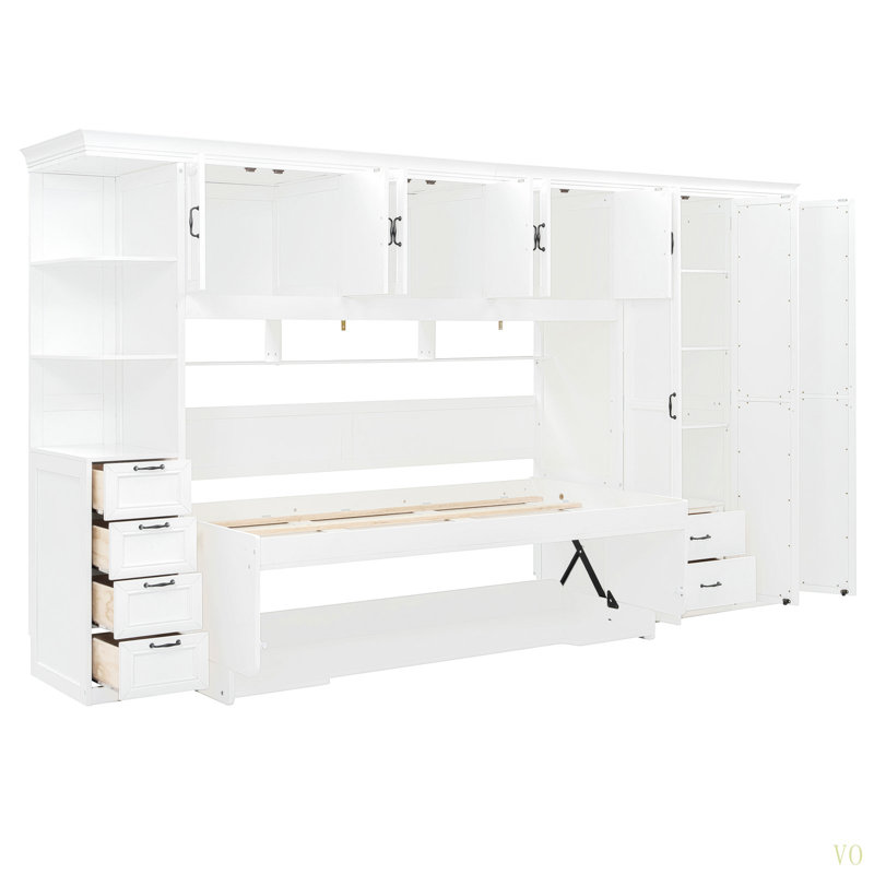 Lit escamotable simple avec armoire murale, armoire et bureau, Blanc