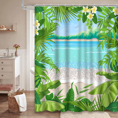 Tropical Square Seaside Foliage Waterproof Shower Curtain