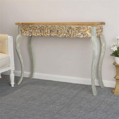 Vintage Rustic Wooden Console Table With Carved Details, 49.21" Long, Distressed Finish