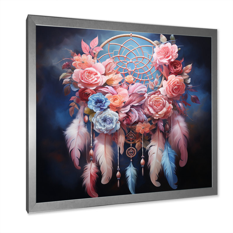 Attrape-rêves rose pastel rêveur I - impression, Cadre simple argenté, H 16 po x l 16 po x P 1 po