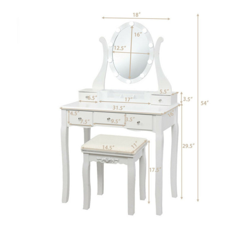 Ensemble de coiffeuse 10 lumières à intensité variable avec miroir lumineux et tabouret rembourré