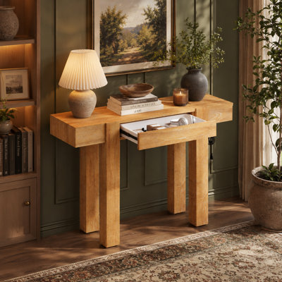 Console en bois massif naturel avec tiroir caché, centrale électrique, 2 prises de courant alternatif, 1 port de type C, 2 ports USB, pattes épaisses de 80 mm, patins réglables, design minimaliste rustique