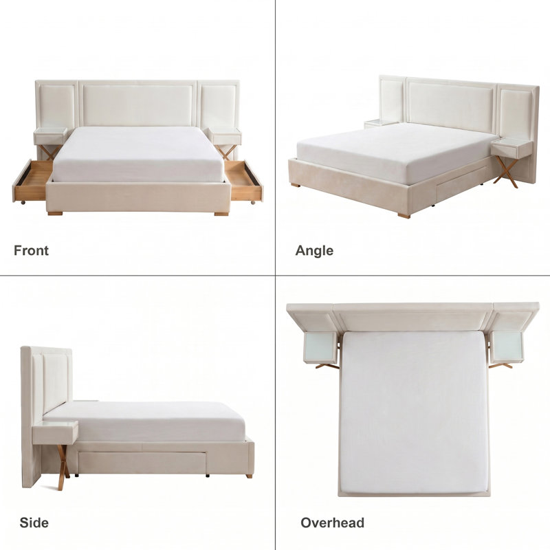 Hotel-Style Velvet Upholstered Platform Bed with Extra-Wide Headboard and Attached Nightstands, White, King