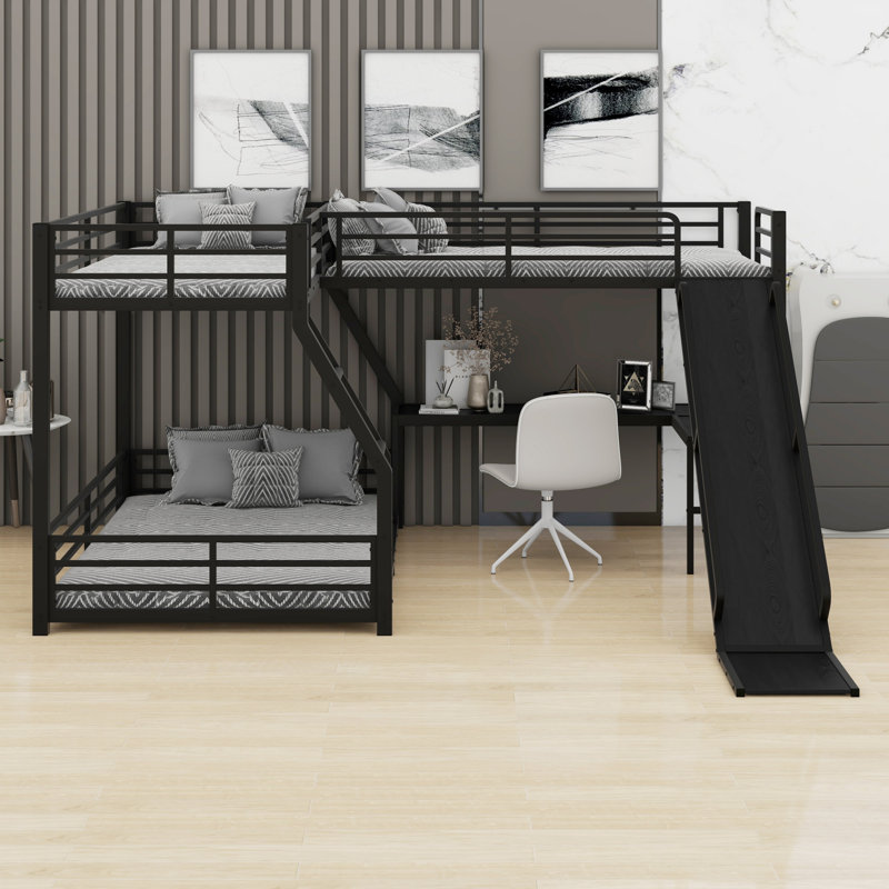 L-Shaped Bunk Bed With Loft Bed, Slide And USB Ports, Twin XL over Queen over Twin