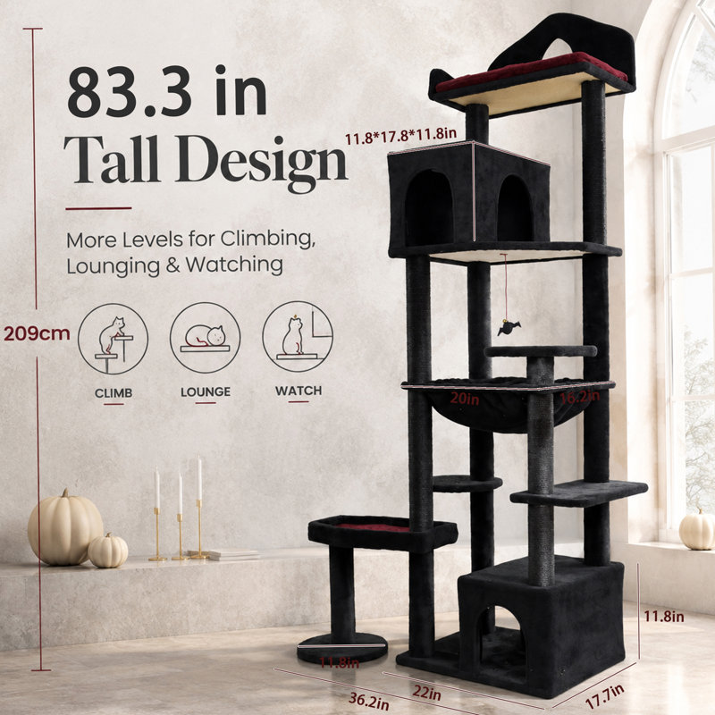 Arbre à chat noir gothique, arbre à chat Spooky multi-niveaux avec poteaux à griffer, perchoirs, hamac et grotte de chat - Tour de chat noir pour chats d'intérieur avec jouet interactif, parfait pour plusieurs chats