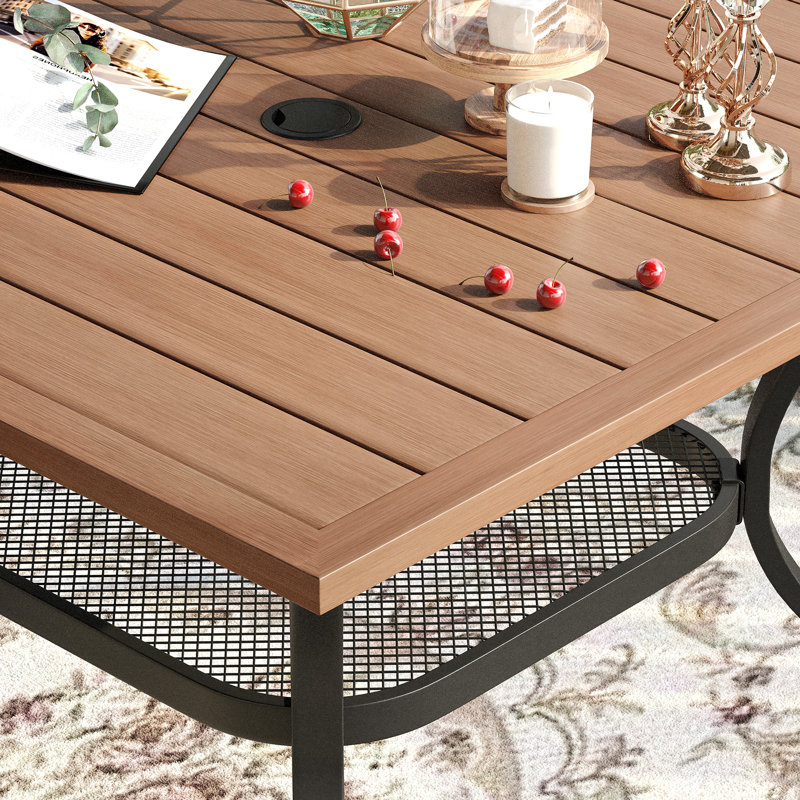 Beidleman Square Metal Outdoor Dining Table With Umbrella Hole , 37.8'' in. W 37.8'' in. D, Walnut/Black