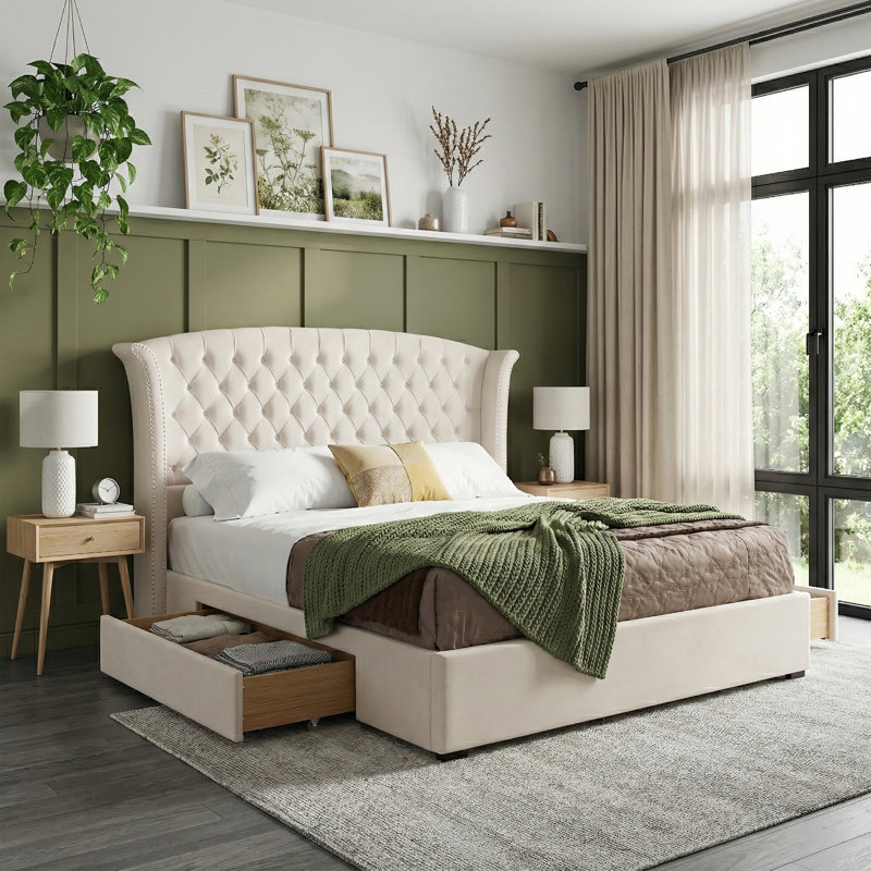 57.48" High Bed Frame with Upholstered Headboard and Storage Drawers, King, Cream