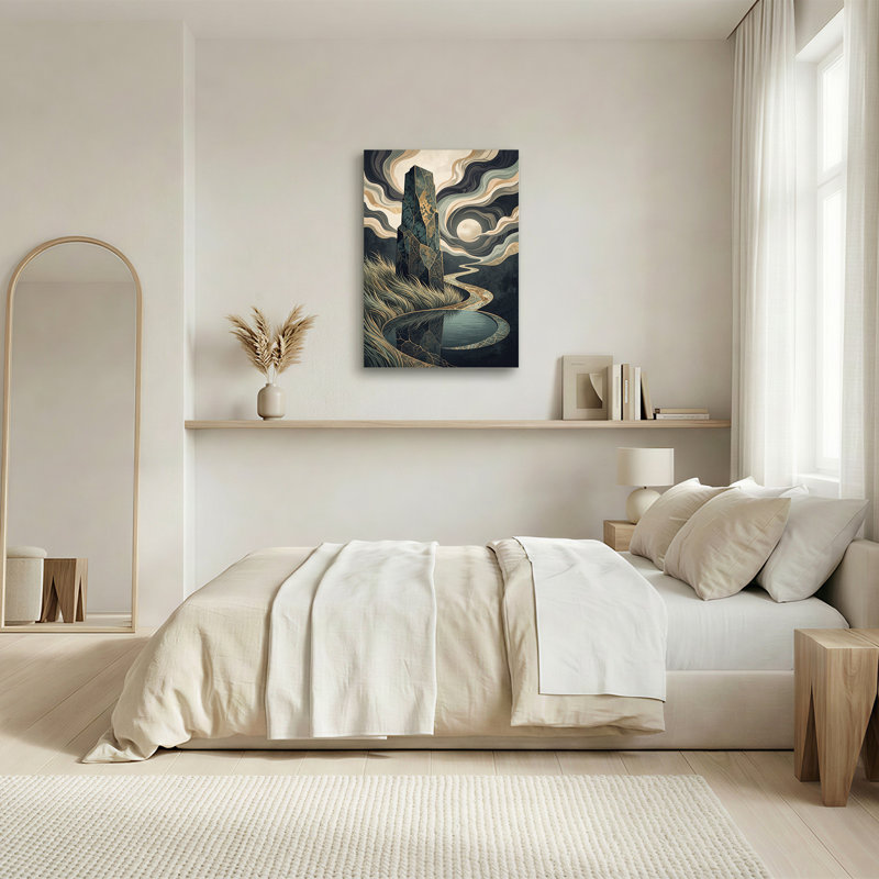 Art mural sur toile monolithe en pierre avec fissures dorées et reflet au clair de lune, H 40 po x l 28 po