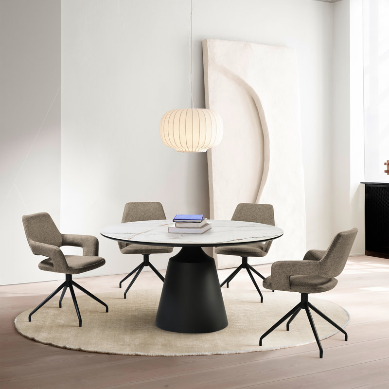 Catrease 5 Piece Modern Pedestal Dining Set with Stone Top and Upholstered Swivel Chairs, Gray