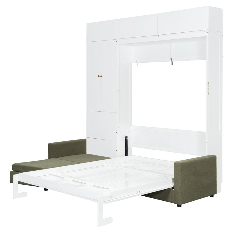 Queen Size Murphy Bed Wall Bed With Sofa And Shelves,Green Panel, Beige Sofa(OLD SKU:LP000765AAA), Green